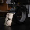 Rugged Vintage Bull Head Brass Buckle Full-Grain Leather Belt