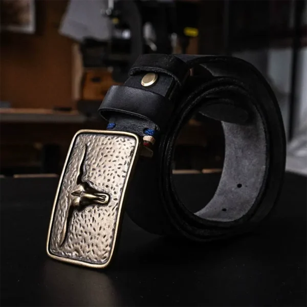 Rugged Vintage Bull Head Brass Buckle Full-Grain Leather Belt