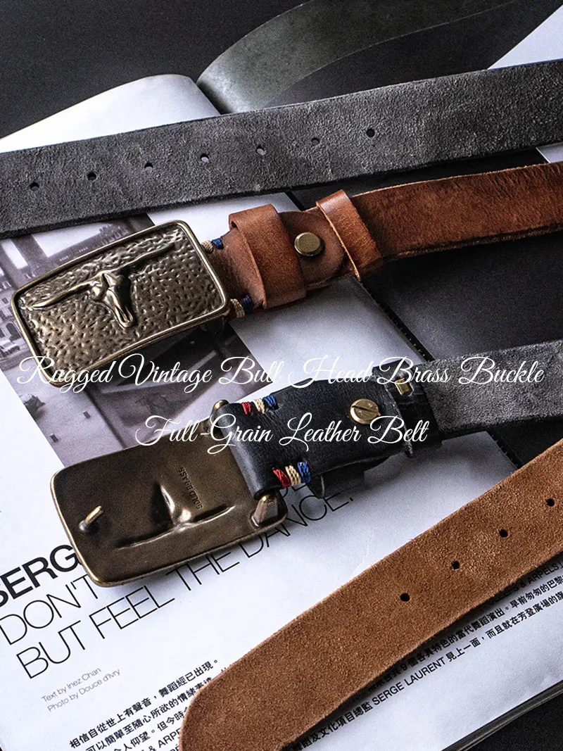 Rugged Vintage Bull Head Brass Buckle Full-Grain Leather Belt