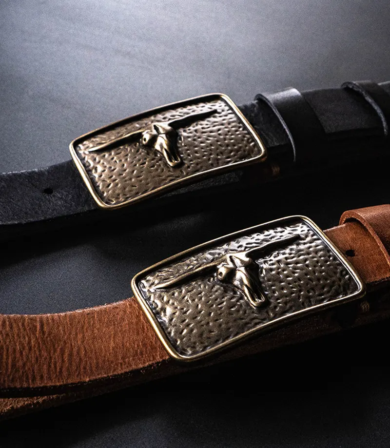 Rugged Vintage Bull Head Brass Buckle Full-Grain Leather Belt
