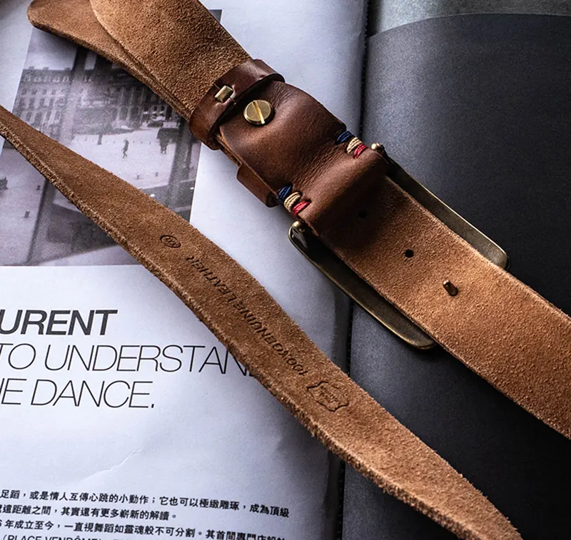 Rugged Vintage Bull Head Brass Buckle Full-Grain Leather Belt