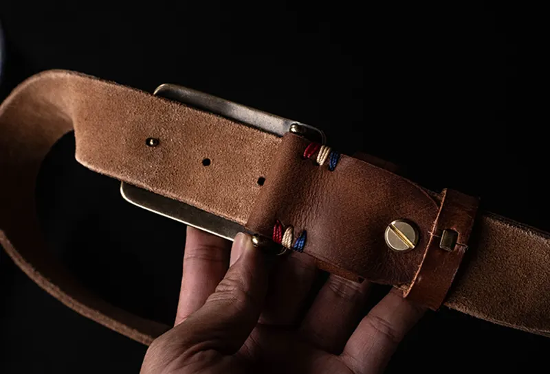 Rugged Vintage Bull Head Brass Buckle Full-Grain Leather Belt