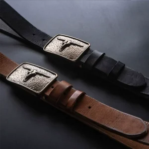 Rugged Vintage Bull Head Brass Buckle Full-Grain Leather Belt