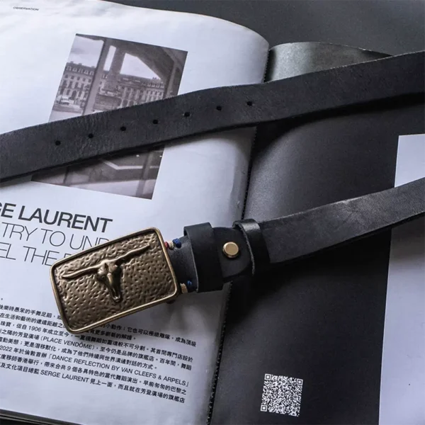Rugged Vintage Bull Head Brass Buckle Full-Grain Leather Belt