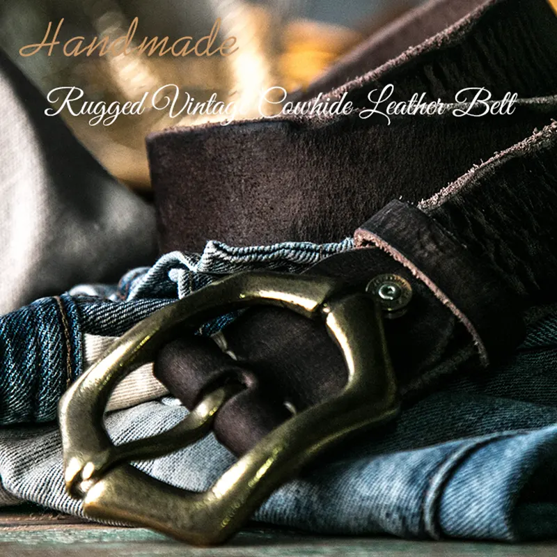 Rugged Vintage Cowhide Leather Workwear Belt with Brass Buckle
