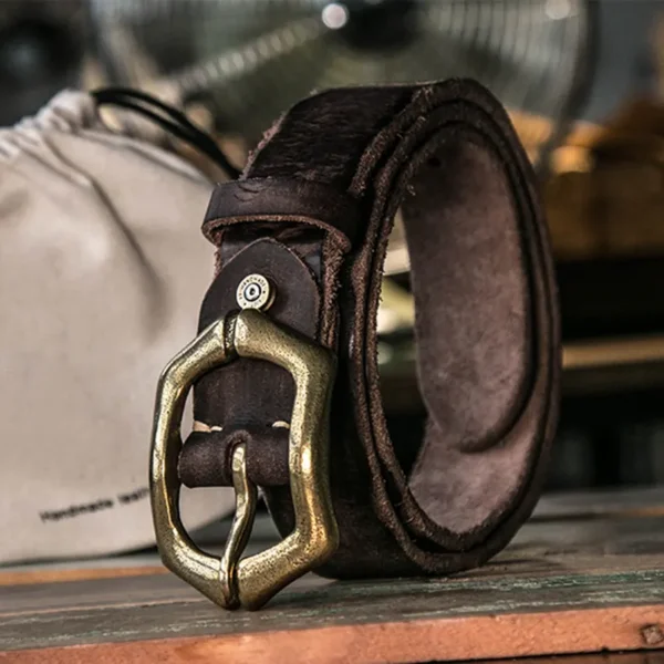 Rugged Vintage Cowhide Leather Workwear Belt with Brass Buckle