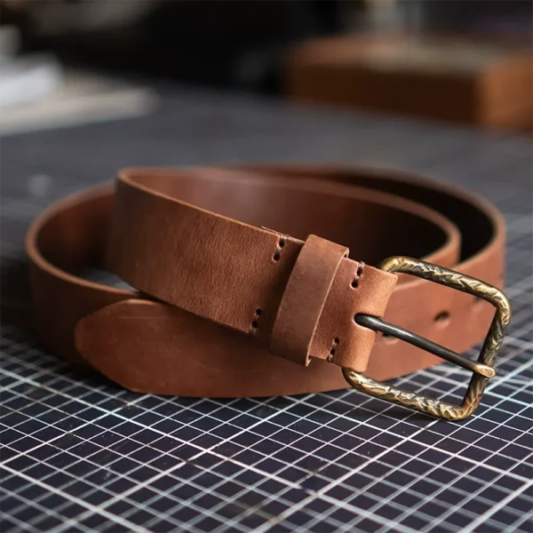 Rugged Vintage Full-Grain Leather Belt with Aged Brass Buckle