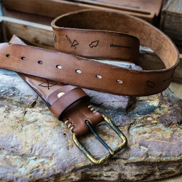 Rugged Vintage Full-Grain Leather Belt with Aged Brass Buckle