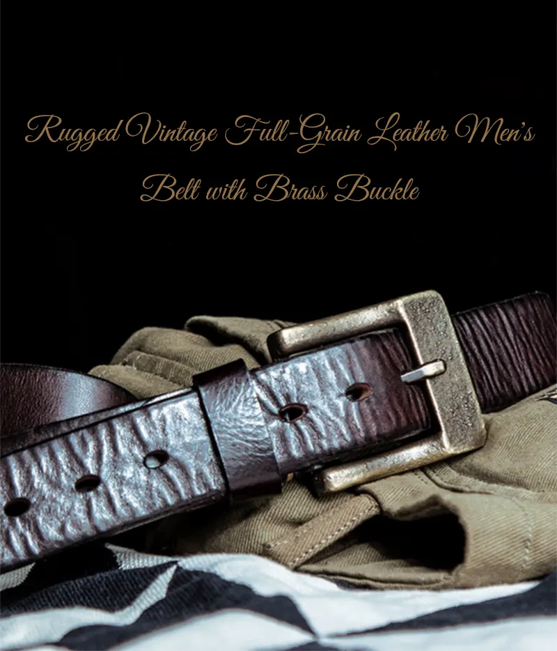 Rugged Vintage Full-Grain Leather Men's Belt with Brass Buckle
