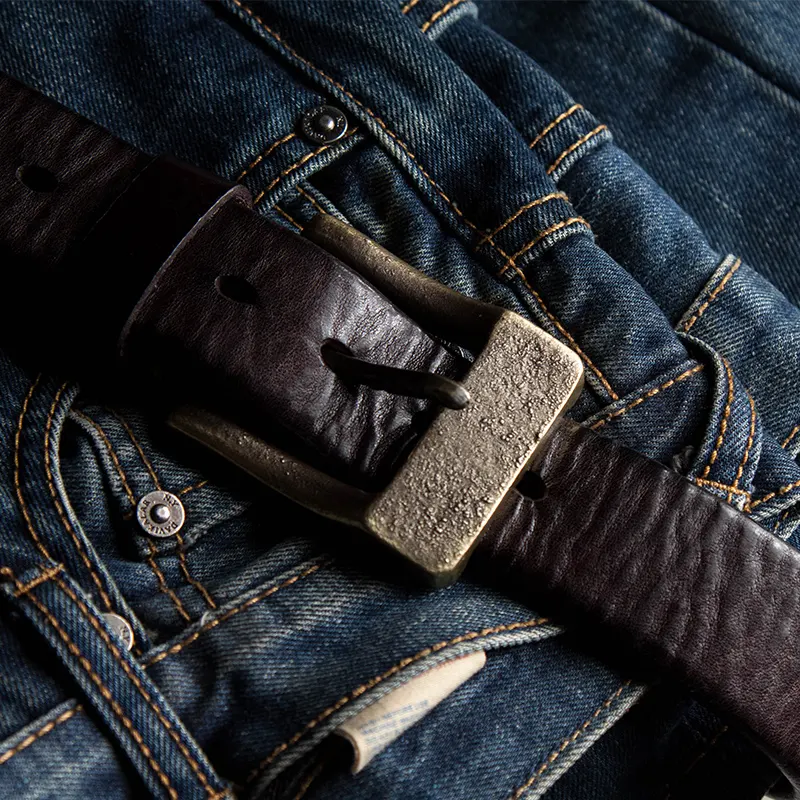 Rugged Vintage Full-Grain Leather Men's Belt with Brass Buckle