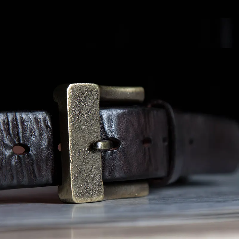 Rugged Vintage Full-Grain Leather Men's Belt with Brass Buckle