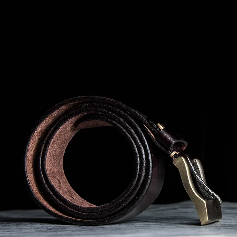 Rugged Vintage Full-Grain Leather Men's Belt with Brass Buckle