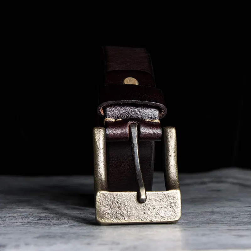 Rugged Vintage Full-Grain Leather Men's Belt with Brass Buckle