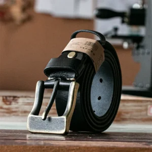 Rugged Vintage Full-Grain Leather Men's Belt with Brass Buckle