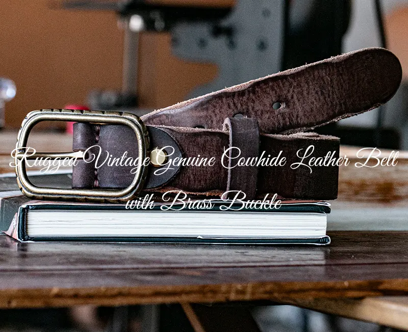 Rugged Vintage Genuine Cowhide Leather Belt with Brass Buckle