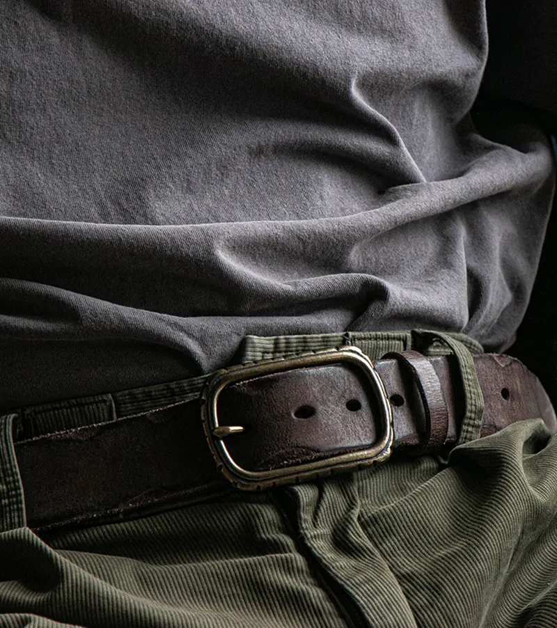 Rugged Vintage Genuine Cowhide Leather Belt with Brass Buckle