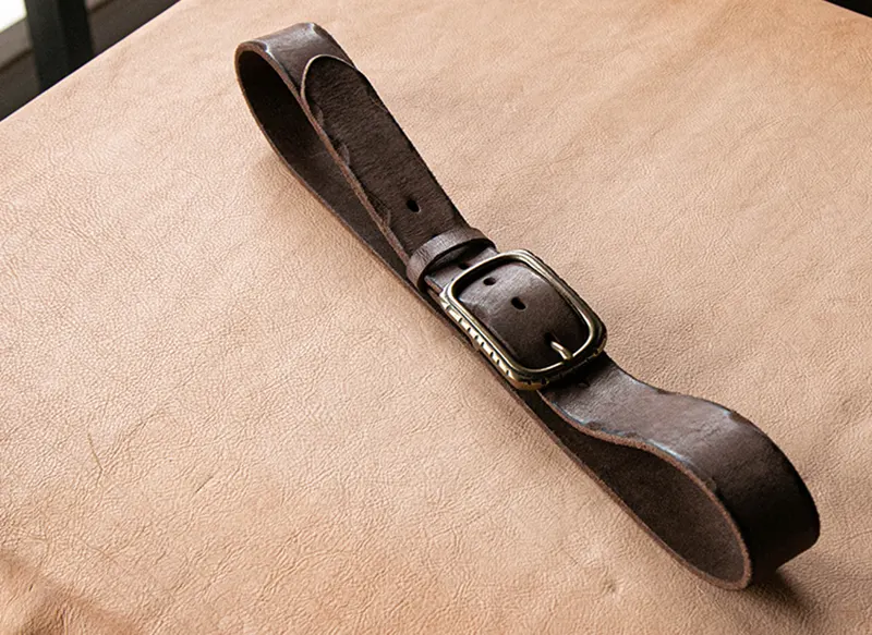 Rugged Vintage Genuine Cowhide Leather Belt with Brass Buckle