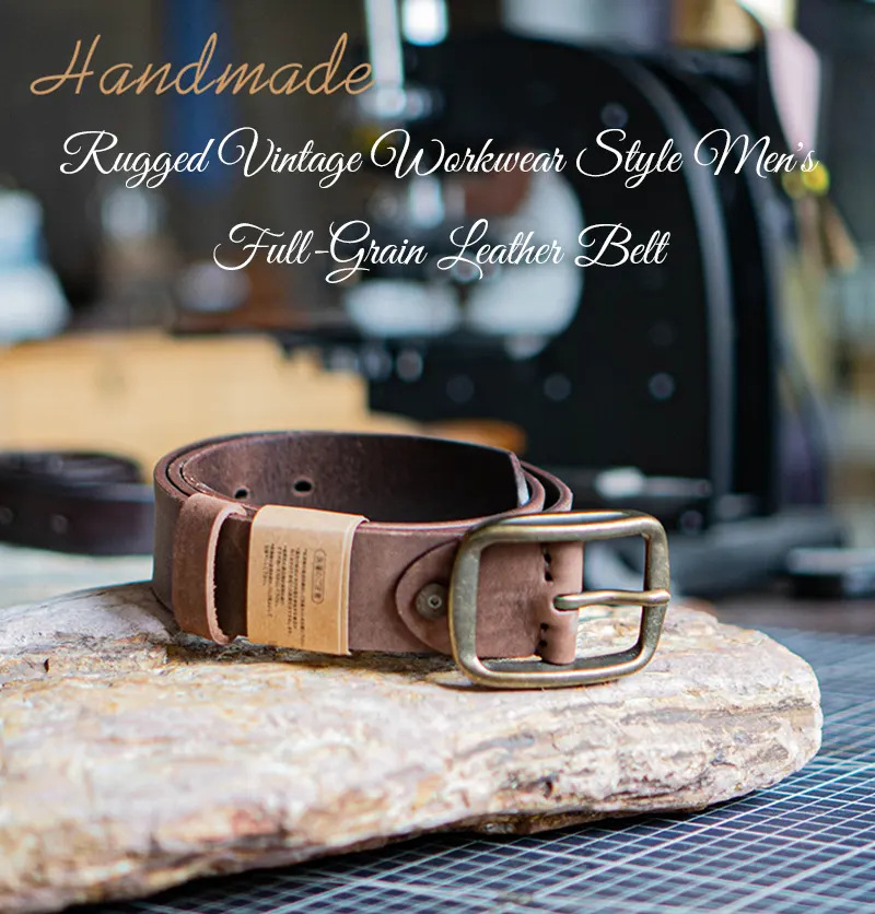 Rugged Vintage Workwear Style Men's Full-Grain Leather Belt