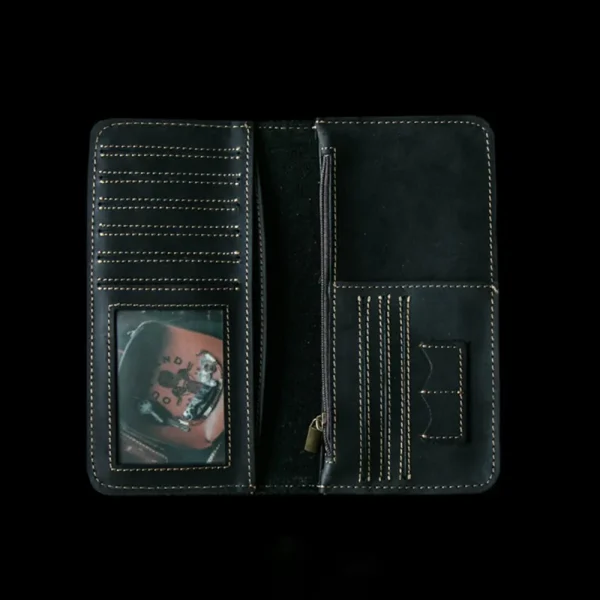 Full-Grain Leather Vintage Long Zipper Large Capacity Wallet Black