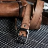 Trendy Vintage Full-Grain Leather Belt with Pin Buckle Khaki