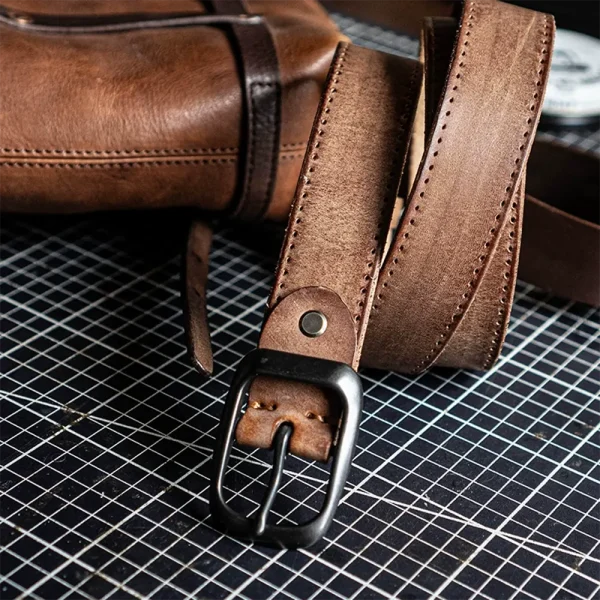 Trendy Vintage Full-Grain Leather Belt with Pin Buckle Khaki