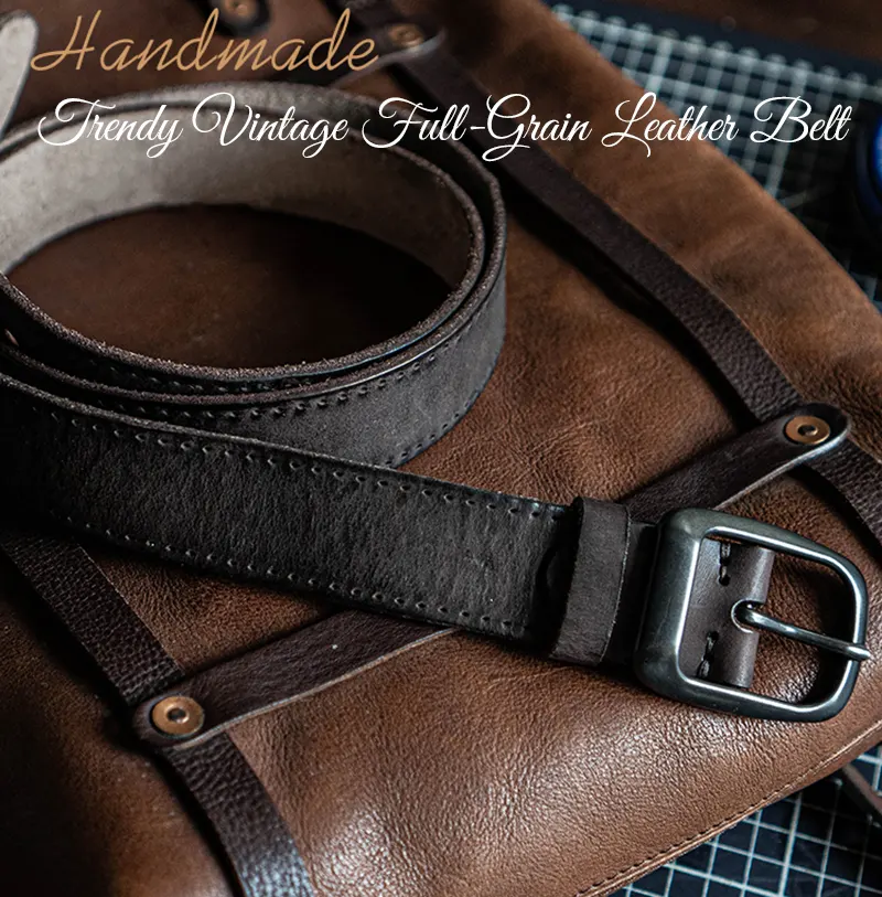 Trendy Vintage Full-Grain Leather Belt with Pin Buckle