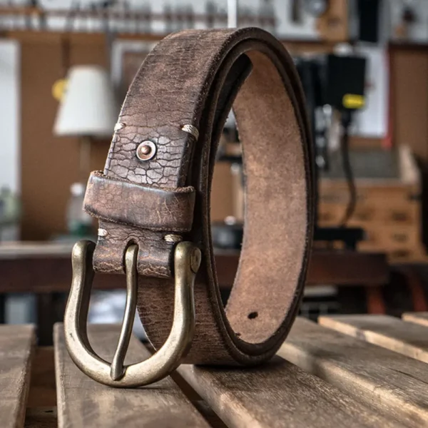 Unique Vintage Full-Grain Leather Belt with Bold Cracked Texture Brown