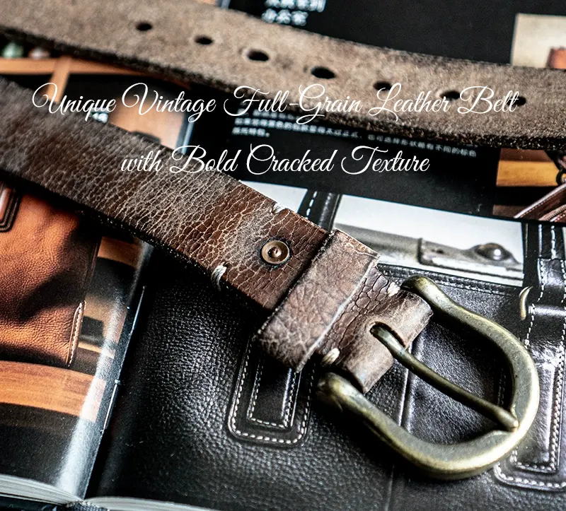 Unique Vintage Full-Grain Leather Belt with Bold Cracked Texture