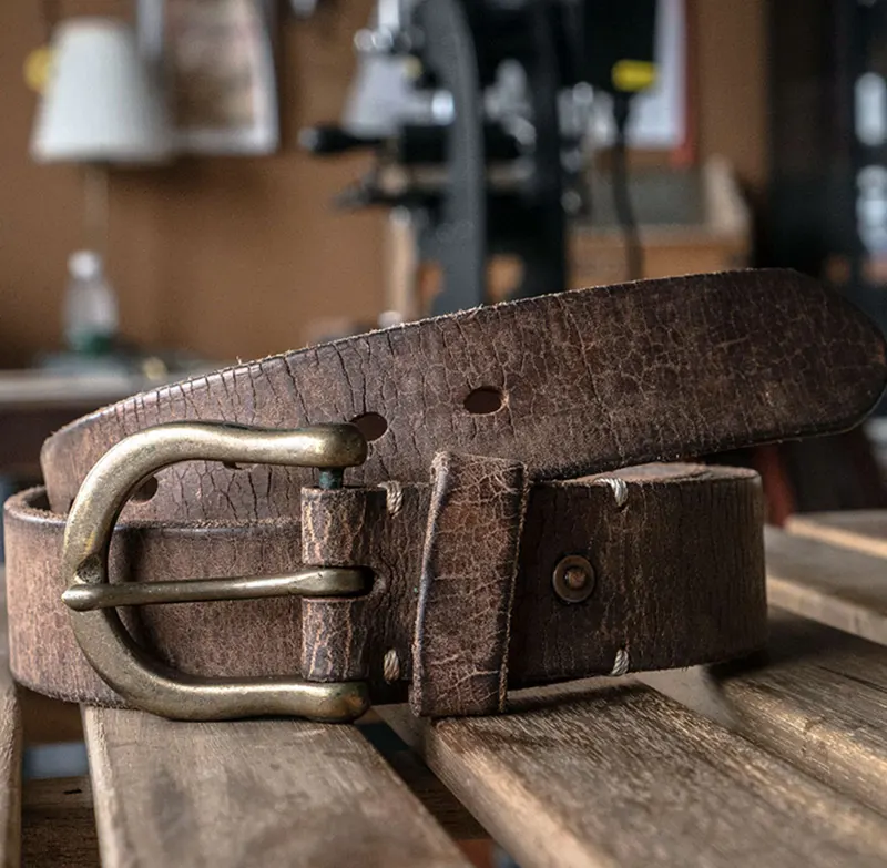 Unique Vintage Full-Grain Leather Belt with Bold Cracked Texture
