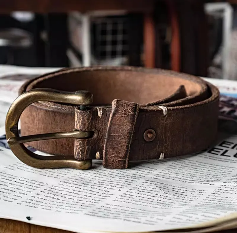 Unique Vintage Full-Grain Leather Belt with Bold Cracked Texture