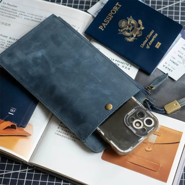 Vintage Fashion Crazy Horse Leather Large-Capacity Clutch Bag Blue