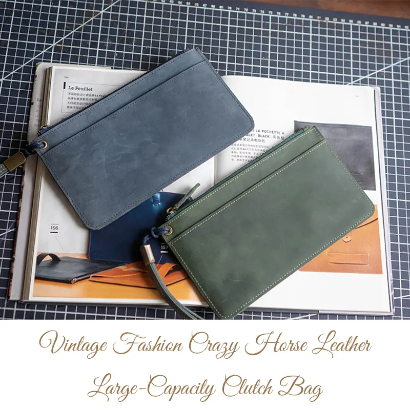 Vintage Fashion Crazy Horse Leather Large-Capacity Clutch Bag