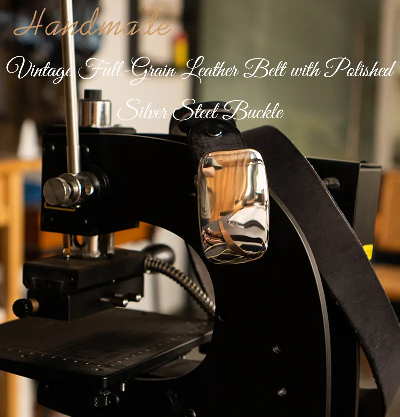 Vintage Full-Grain Leather Belt with Polished Silver Steel Buckle