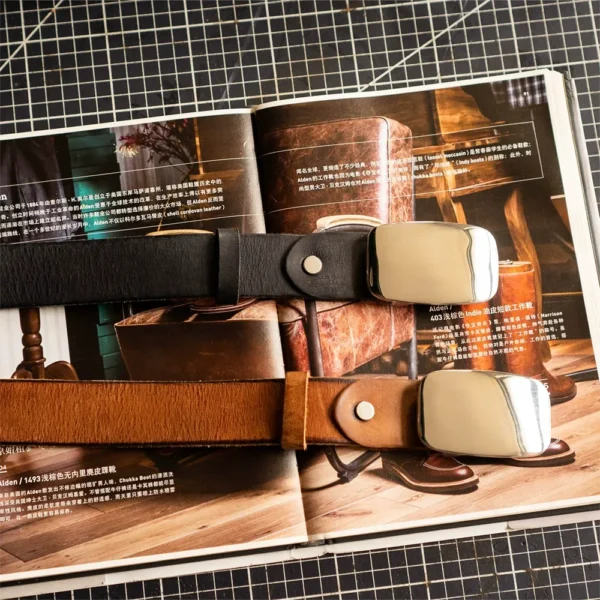 Vintage Full-Grain Leather Belt with Polished Silver Steel Buckle