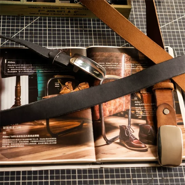 Vintage Full-Grain Leather Belt with Polished Silver Steel Buckle