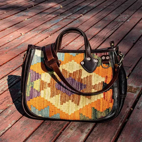 Vintage Full-Grain Leather with Turkish Wool Blanket Tote Bag