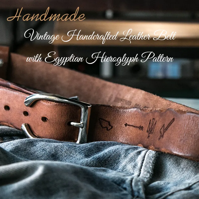 Vintage Handcrafted Leather Belt with Egyptian Hieroglyph Pattern