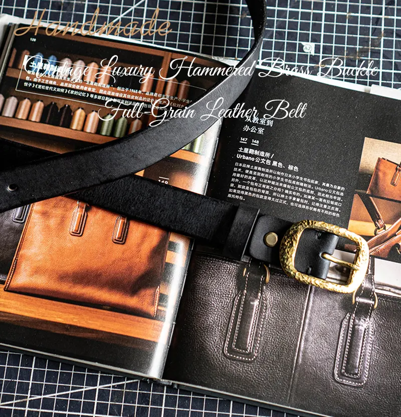 Vintage Luxury Hammered Brass Buckle Full-Grain Leather Belt