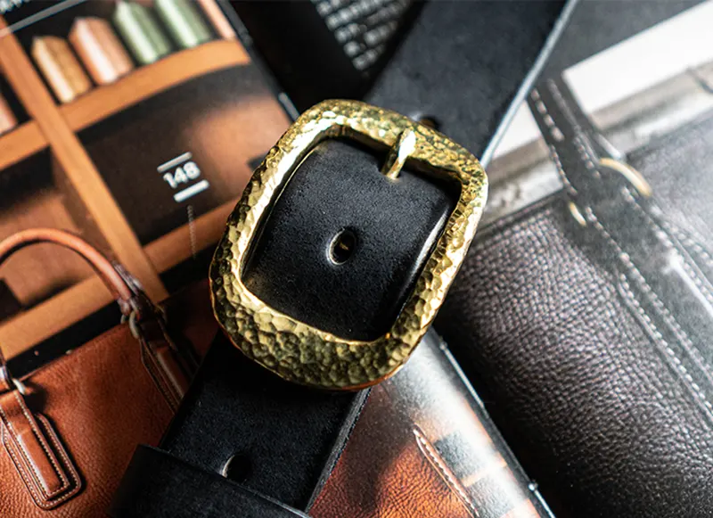 Vintage Luxury Hammered Brass Buckle Full-Grain Leather Belt