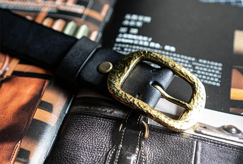 Vintage Luxury Hammered Brass Buckle Full-Grain Leather Belt
