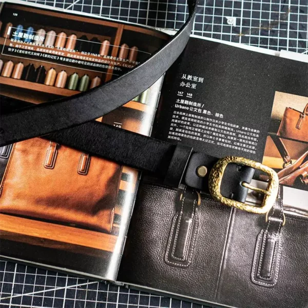 RSBE0744-z-01 Vintage Luxury Hammered Brass Buckle Full-Grain Leather Belt