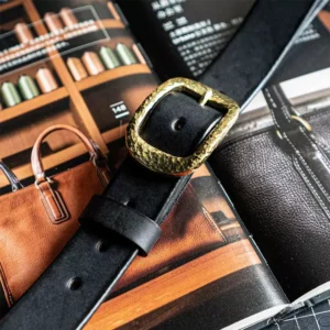 Vintage Luxury Hammered Brass Buckle Full-Grain Leather Belt