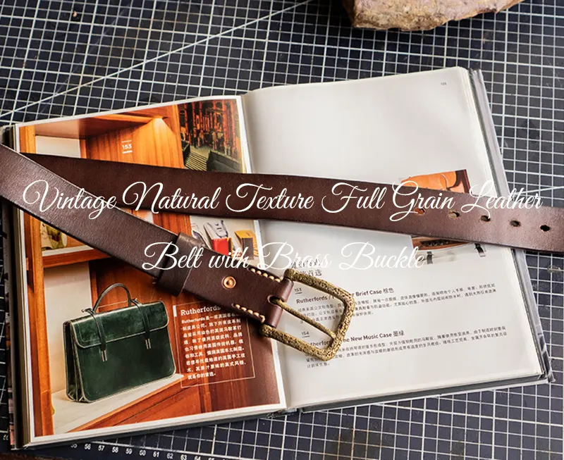 Vintage Natural Texture Full Grain Leather Belt with Brass Buckle