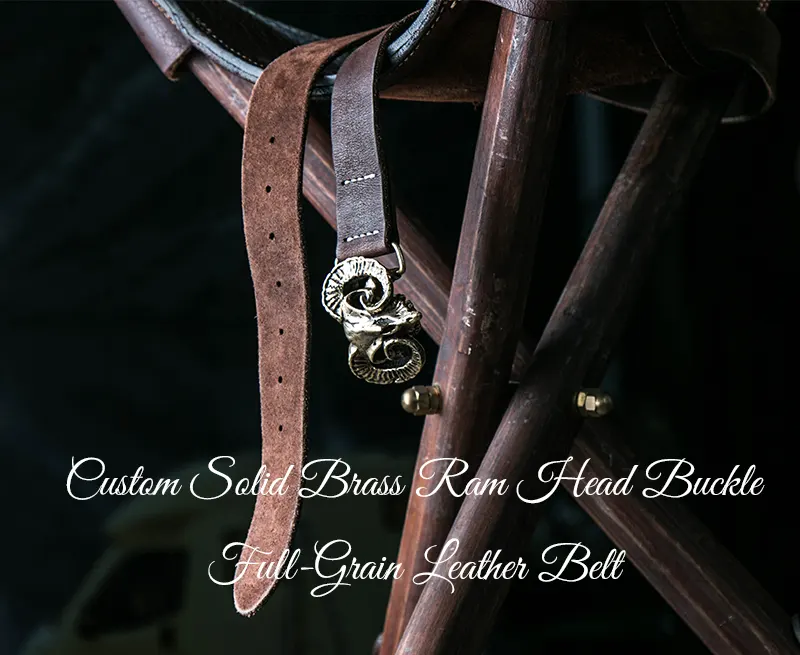 Custom Solid Brass Ram Head Buckle Full-Grain Leather Belt