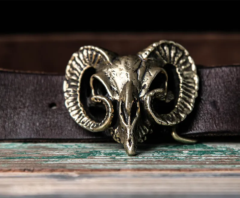Custom Solid Brass Ram Head Buckle Full-Grain Leather Belt