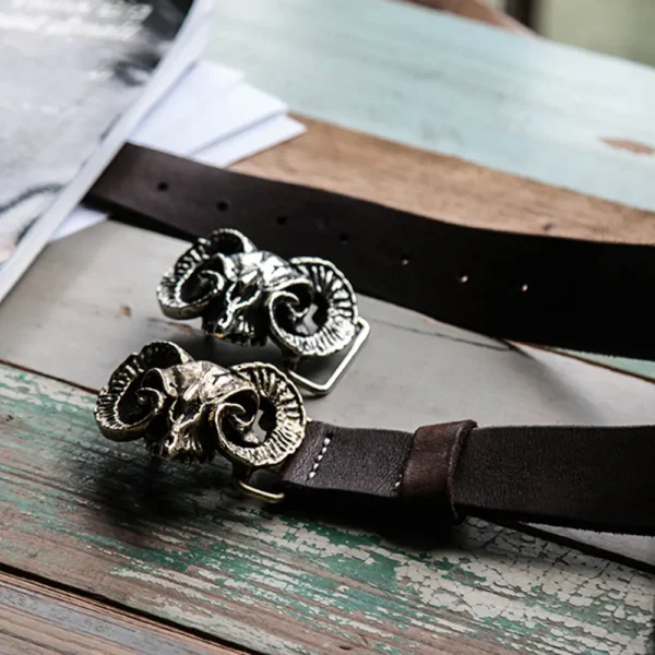 Custom Solid Brass Ram Head Buckle Full-Grain Leather Belt