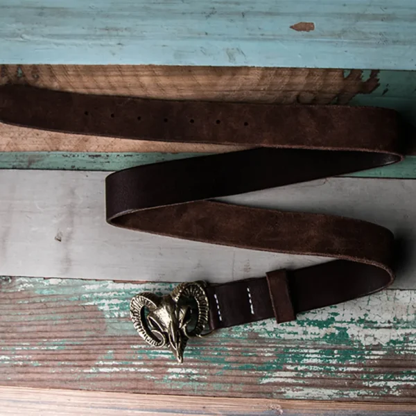 Custom Solid Brass Ram Head Buckle Full-Grain Leather Belt