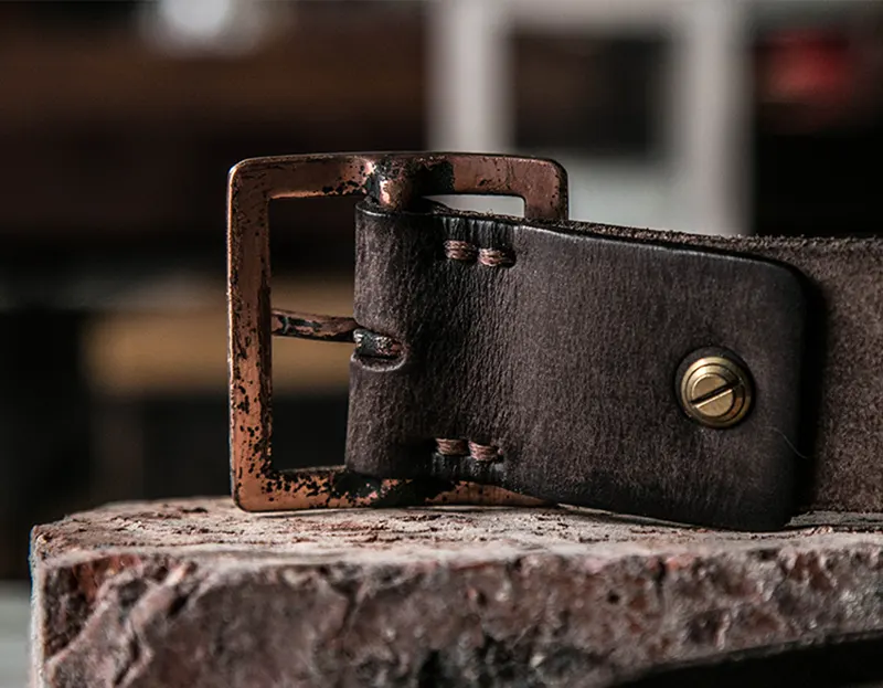 Rugged Vintage Leather Belt with Distressed Etched Copper Buckle