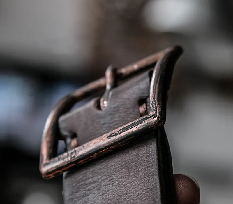 Rugged Vintage Leather Belt with Distressed Etched Copper Buckle