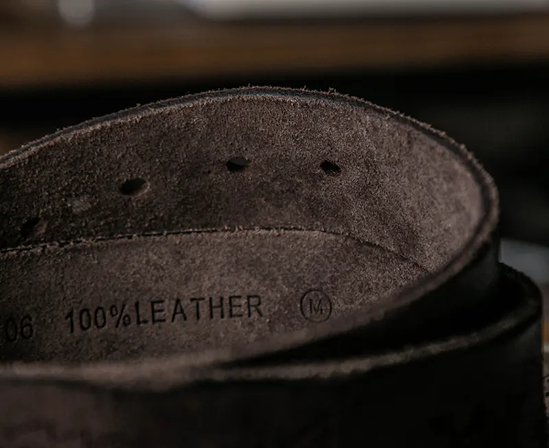 Rugged Vintage Leather Belt with Distressed Etched Copper Buckle